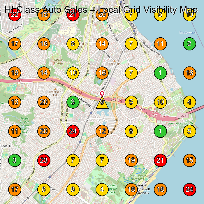 HI Class Auto Sales Used Car Dealer GeoGrid ranking map for Staten Island NY